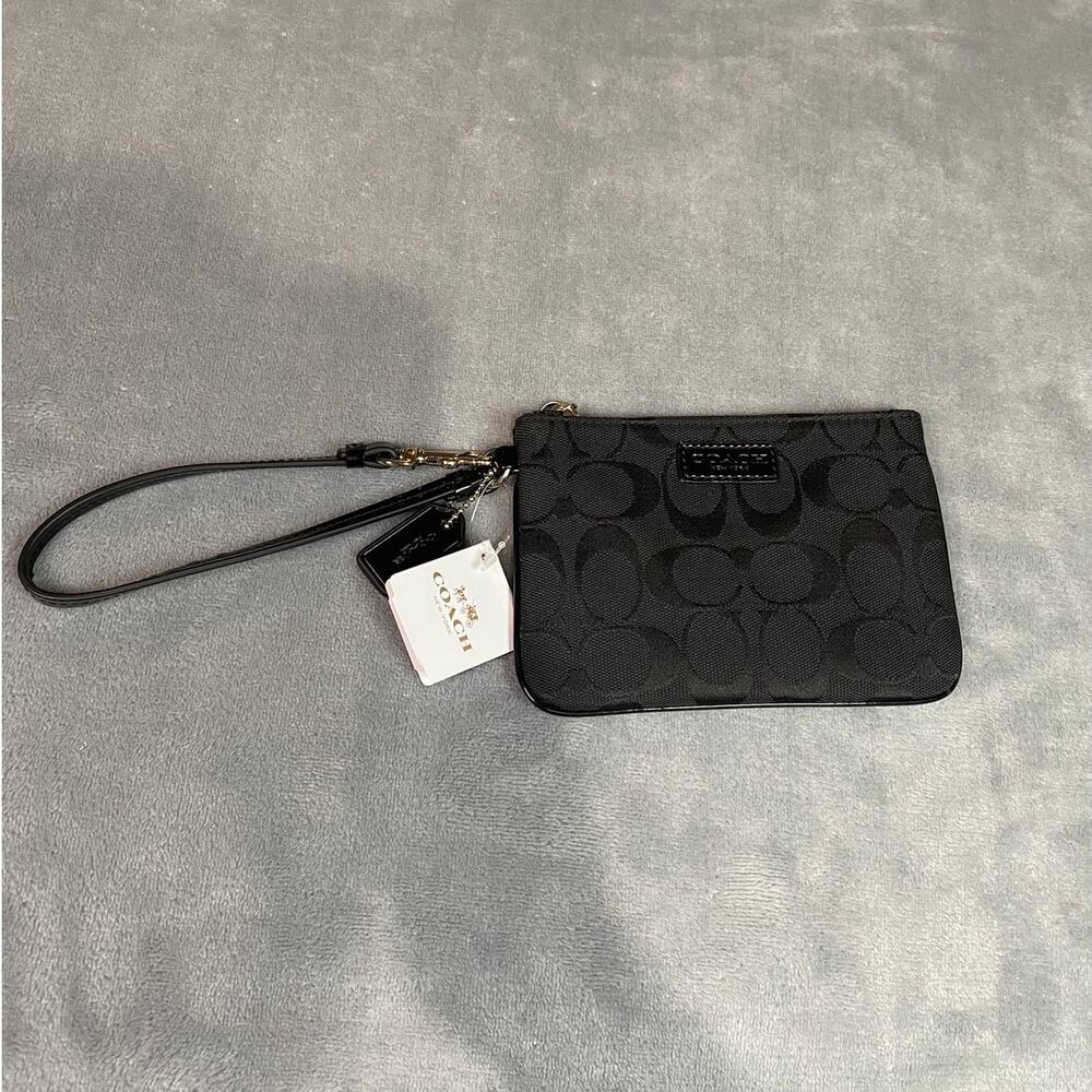 Coach Corner Zip Wristlet Black Signature Canvas Silver Wallet Small Classic NWT